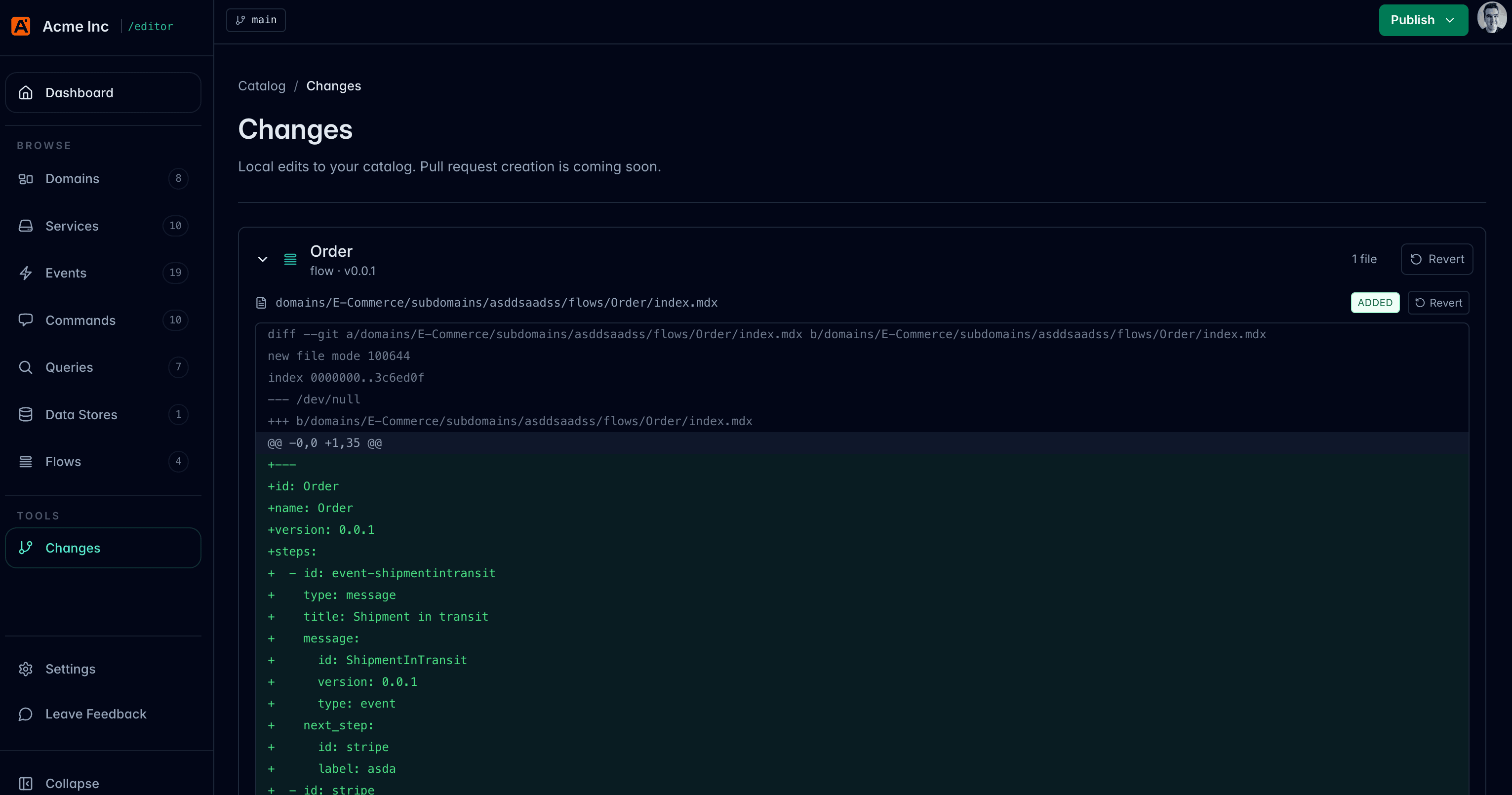 Changes page showing a local Git diff