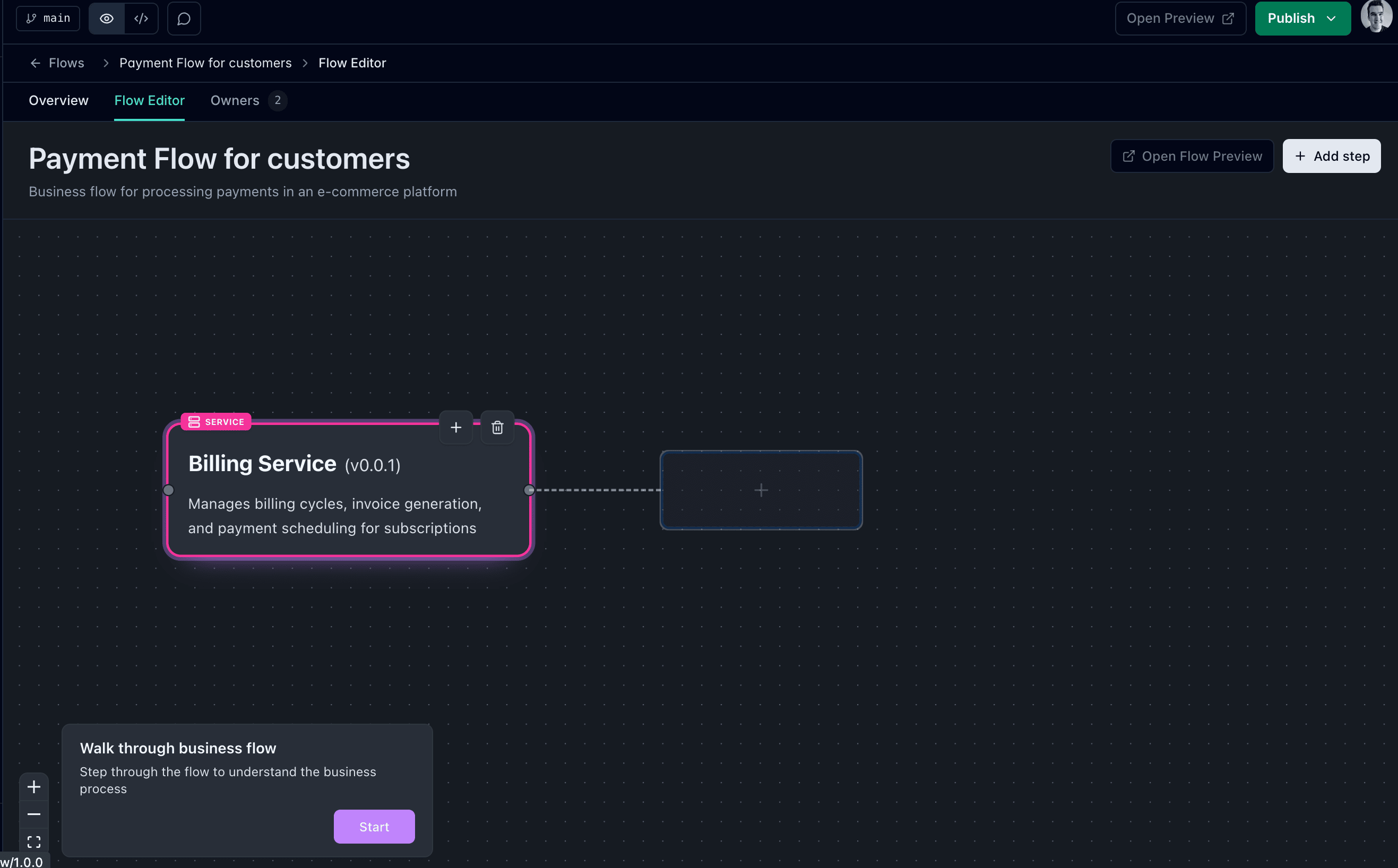 Flow editor showing a service node in a business flow