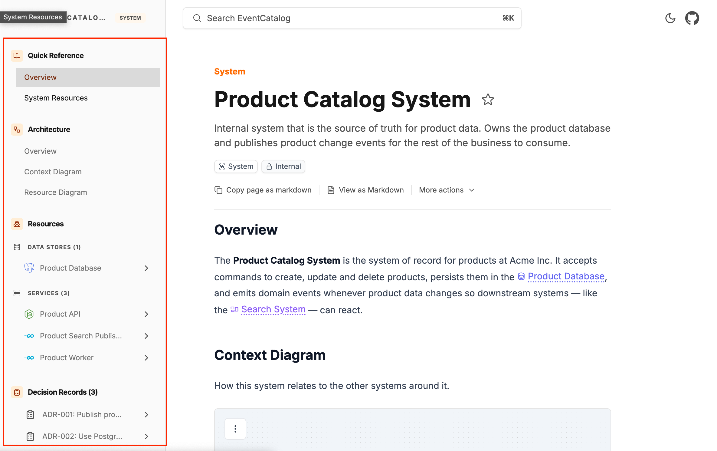 The resource sidebar shown on a system page