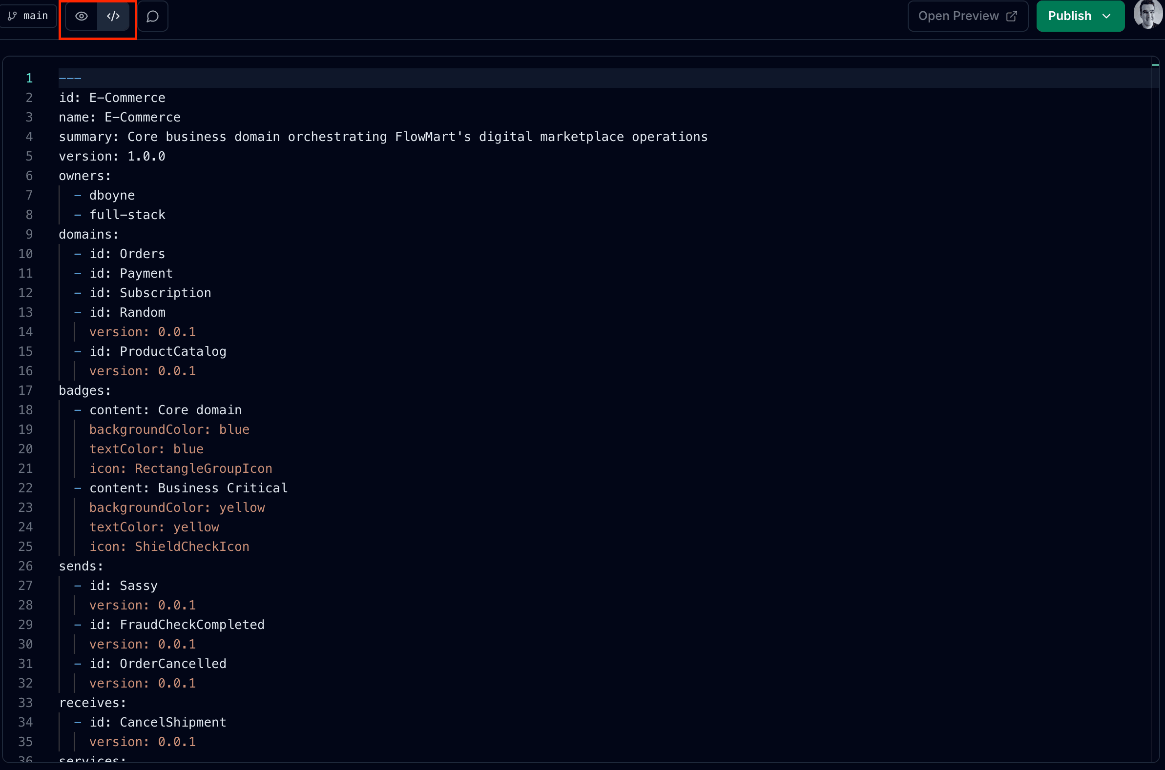 Editor source mode showing Markdown and frontmatter
