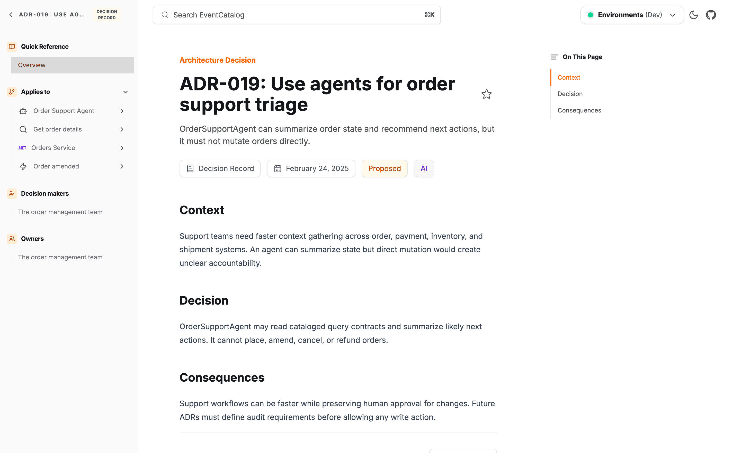 An ADR document rendered in EventCatalog showing status, decision makers, context, decision, and consequences