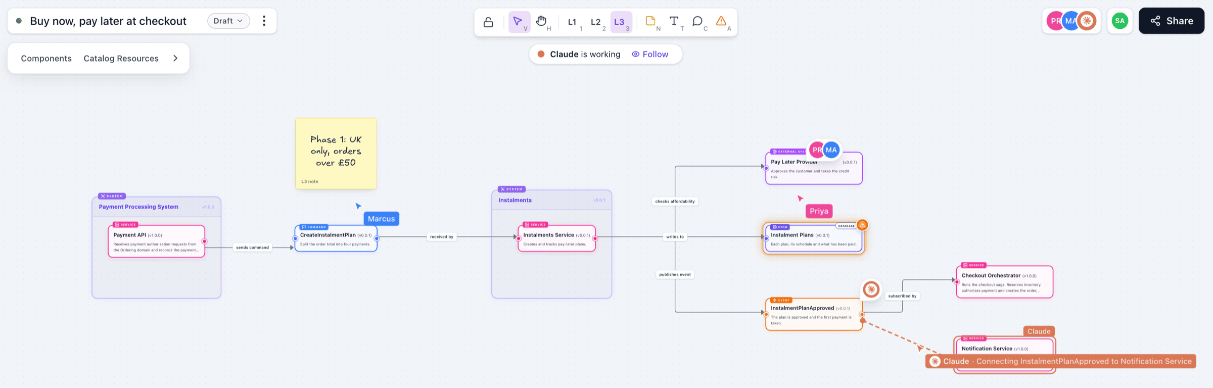An EventCatalog Studio canvas with two people and Claude designing a change together